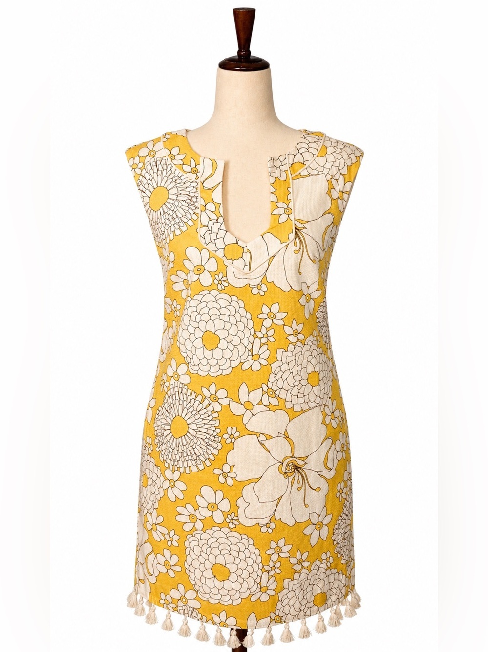 Trina Turk Yellow Floral Tassel Hem Shift Dress. 2